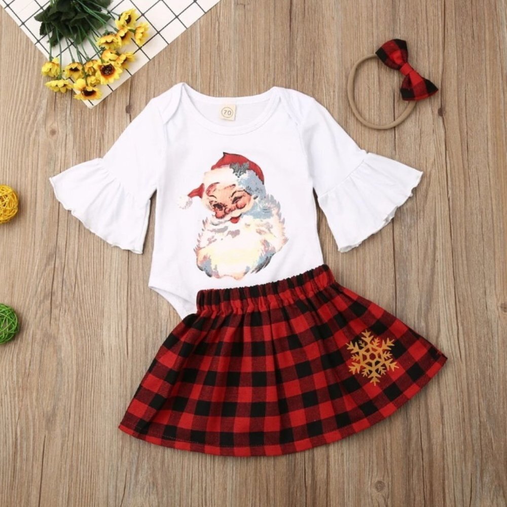 Girl girls baby toddler Christmas Holidays onesie skirt bow Santa snowflake new